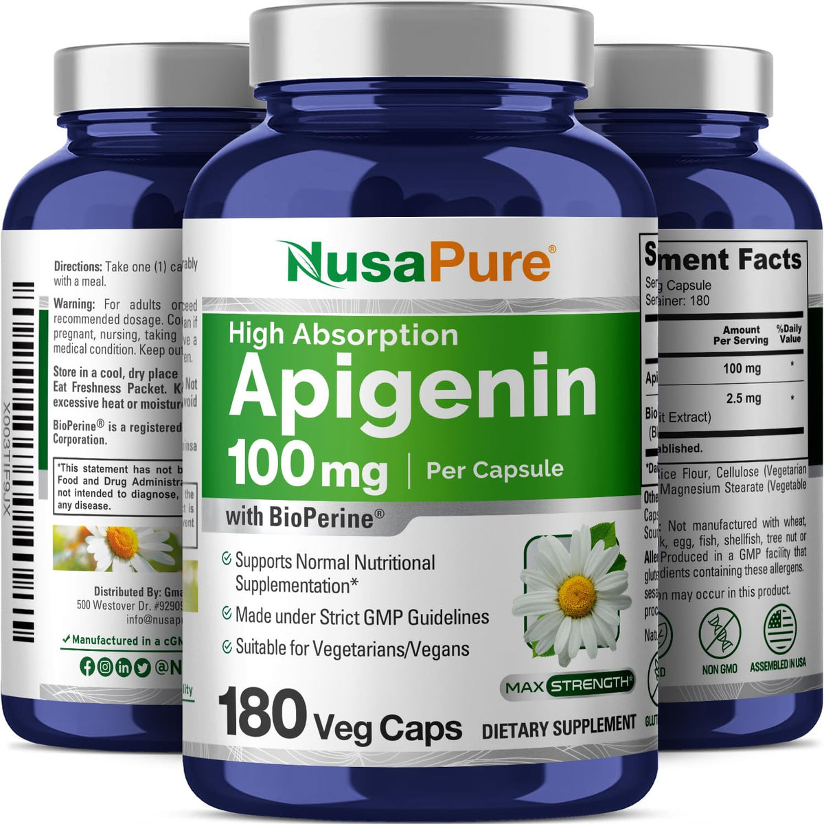 NusaPure Apigenin 100 mg per Capsule 180 Vcaps - Bioperine (Non-GMO, Gluten Free) NusaPureBuy Supplements Australia