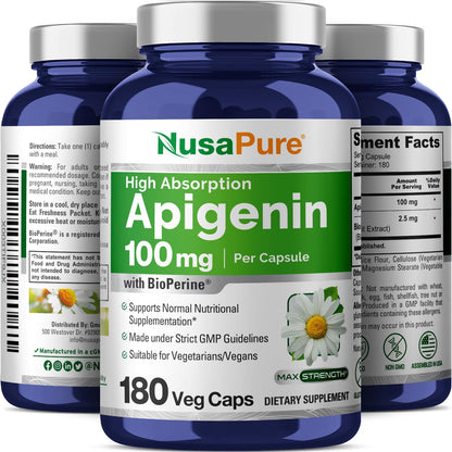 NusaPure Apigenin 100 mg per Capsule 180 Vcaps - Bioperine (Non-GMO, Gluten Free) NusaPureBuy Supplements Australia