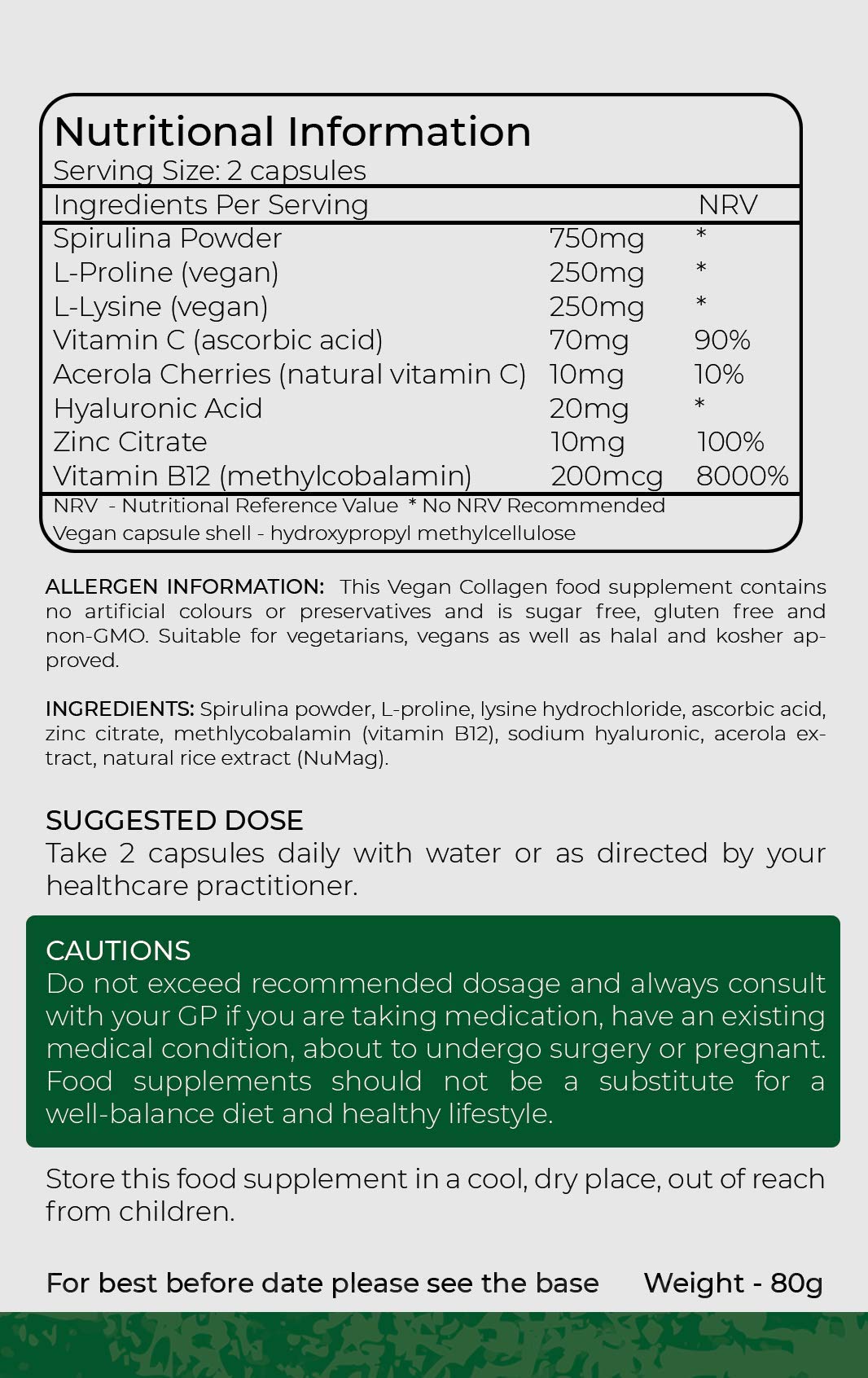 Vegan Collagen Supplement - 1400mg, Spirulina, L-Lysine, L-Proline, Acerola Cherries , Vitamin C & B12, Zinc, Hyaluronic Acid, UK Made D Direct VitalityBuy Supplements Australia