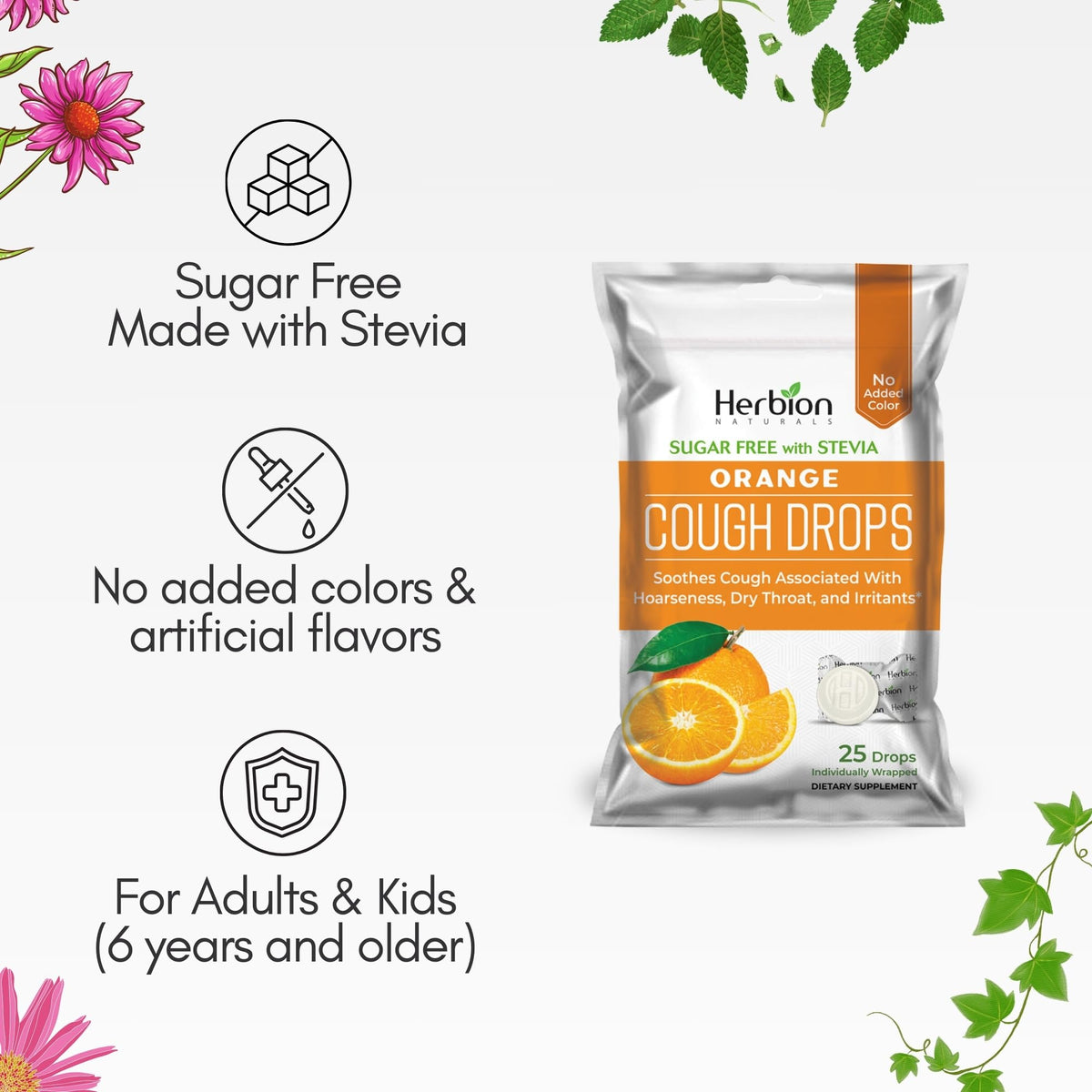 HERBION Naturals Cough Drops with Orange Flavor, Sugar-Free with Stevia, Soothes Cough, for Adults and Children Over 6 Years – Pack of 5(125 Lozenges) HERBION buy supplements Au