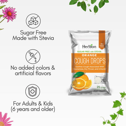 HERBION Naturals Cough Drops with Orange Flavor, Sugar-Free with Stevia, Soothes Cough, for Adults and Children Over 6 Years – Pack of 5(125 Lozenges) HERBION buy supplements Au