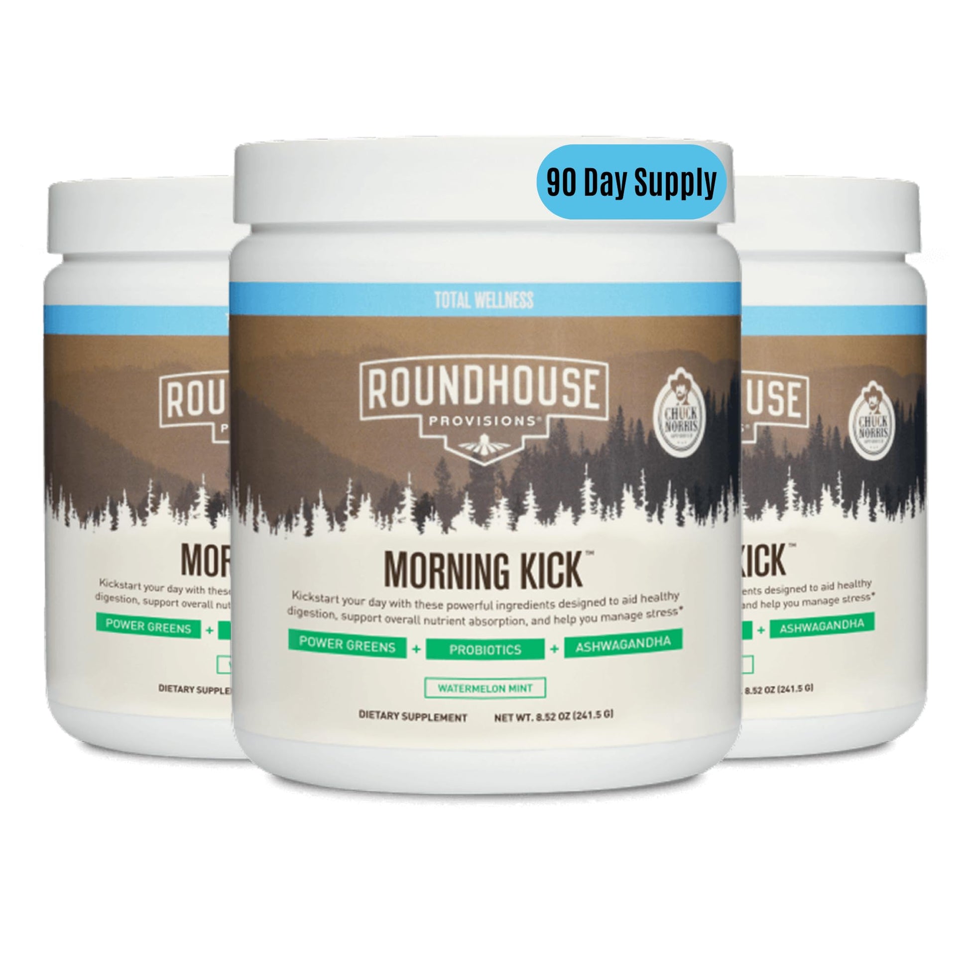 ROUNDHOUSE PROVISION Morning Kick by Chuck Norris - Watermelon Mint Flavor - Greens Superfood Powder with Probiotics, Collagen Peptides & Ashwagandha to Help Support Gut & Joint Health, 3 Pack ROUNDHOUSE PROVISIONBuy Supplements Australia