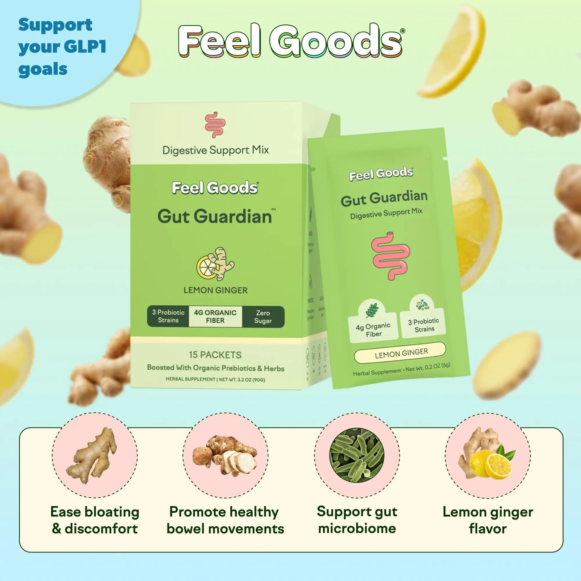 Feel Goods Gut Guardian, Gut Health Powder Packets - Probiotic Fiber Powder with Prebiotics & L Glutamine for Digestive Health, Bloating Relief & Digestion Support - Zero Sugar & Organic Flavor Feel Goods buy supplements Au