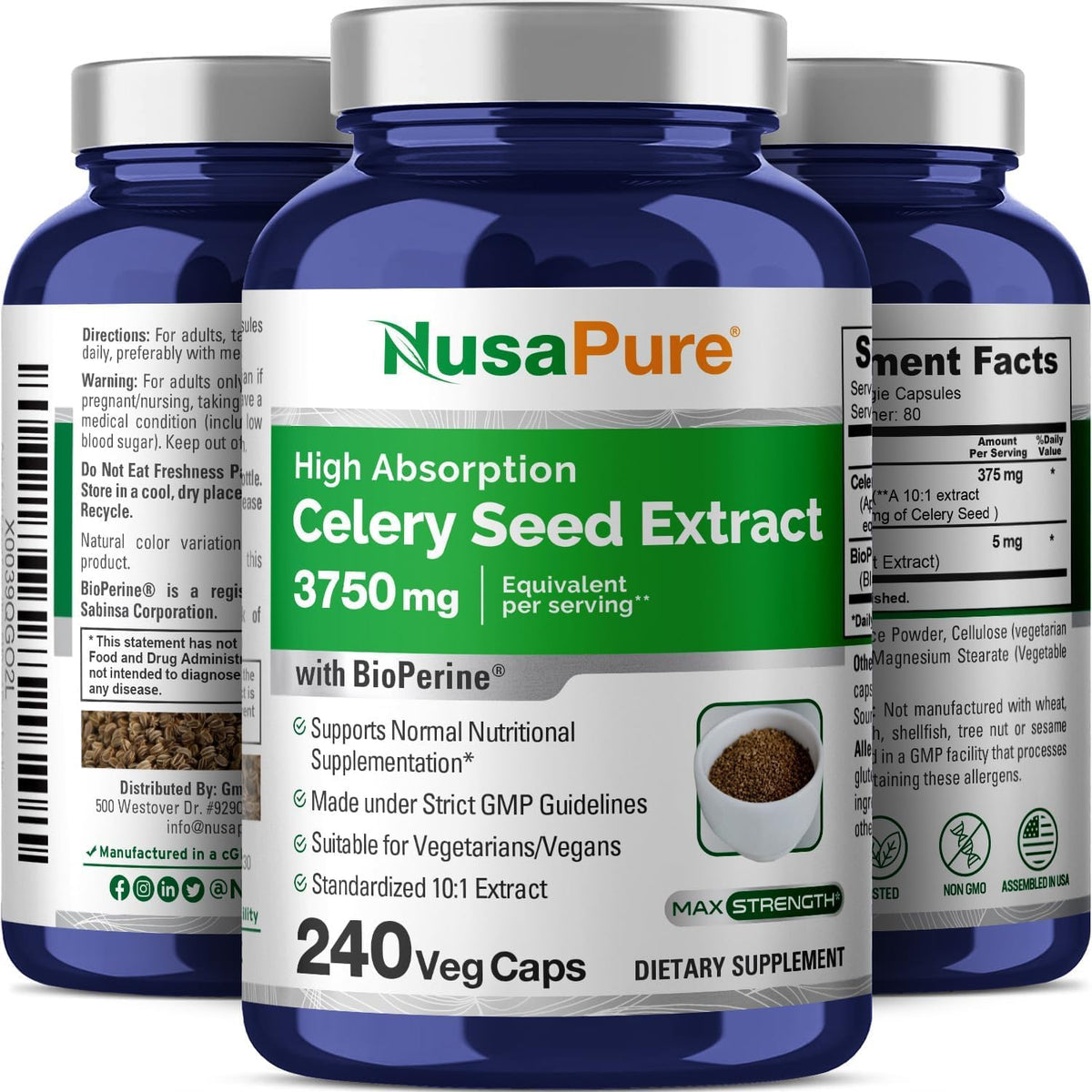 NusaPure Celery Seed Capsules 10:1 Extract, 375 mg Equivalent to 3750mg, 240 Veggie Caps, Non-GMO, Vegan NusaPureBuy Supplements Australia