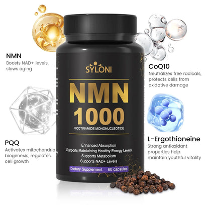 Syloni NMN Supplement 1000mg, 99% Pure NMN 4-in-1 NAD+ Booster with PQQ, CoQ10, L-Ergothioneine, 60 Capsules Nicotinamide Mononucleotide - Anti-Aging, Energy Boost, DNA Repair for Adults, Vegan SyloniBuy Supplements Australia