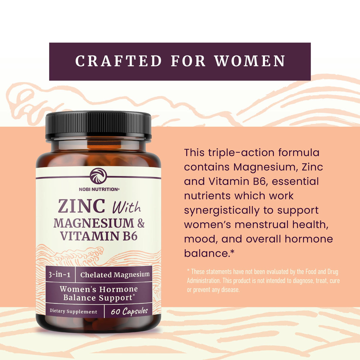 Zinc and Magnesium Supplement with Vitamin B6 | Women’s Hormone Balance, Menstrual Cycle & Immune Support | High Absorption Chelated Magnesium Glycinate with Zinc Picolinate and VIT B6 | 60 Ct Nobi NutritionBuy Supplements Australia
