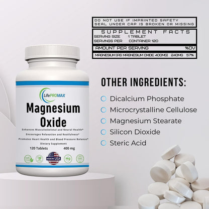 Magnesium 400mg [High Potency] Supplement – Magnesium Oxide for Immune Support, Muscle Recovery, Leg Cramps and Relaxation 120 Tablets LifePROMAXBuy Supplements Australia