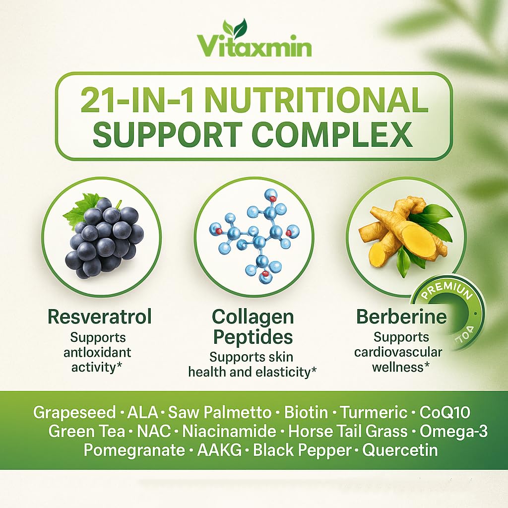 vitaxmin NAD Resveratrol Supplement 200mg with Berberine NAC Collagen - Nicotinamide Riboside NMN NADH CoQ10 Biotin Hyaluronic Acid - Hair Skin Nails Supplement - 60 Capsules vitaxminBuy Supplements Australia