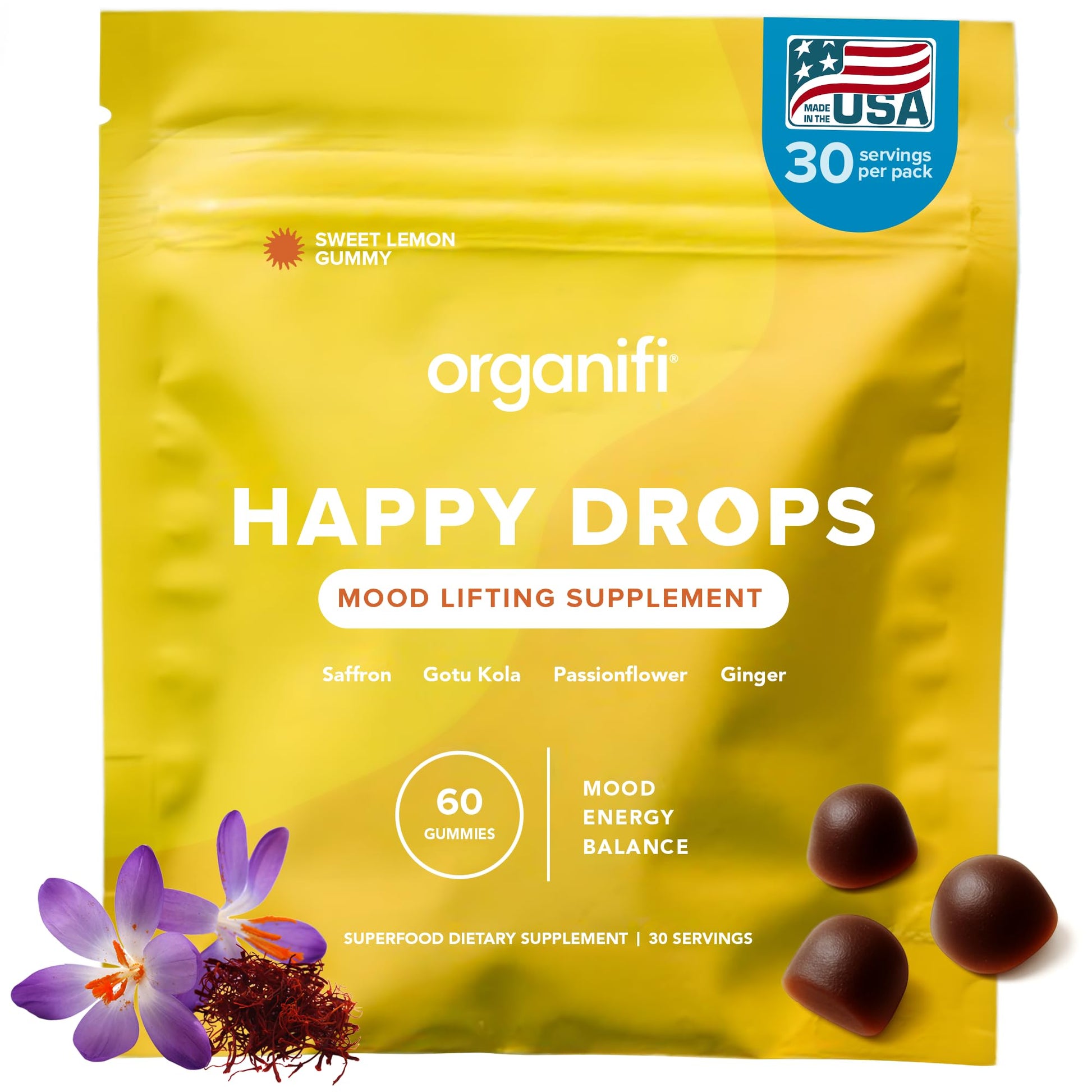 Organifi Happy Drops - Daily Superfood Happy Gummies for Adults - Mood Support Supplement for Balance, Bliss, Energy and Taking the Edge Off - Sweet Lemon Flavor - 60 Gummies Organifi buy supplements Au