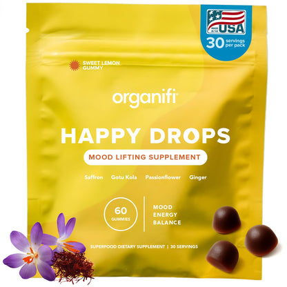 Organifi Happy Drops - Daily Superfood Happy Gummies for Adults - Mood Support Supplement for Balance, Bliss, Energy and Taking the Edge Off - Sweet Lemon Flavor - 60 Gummies Organifi buy supplements Au