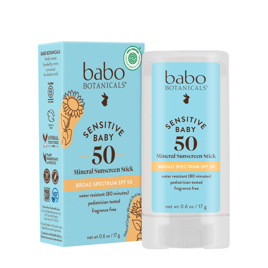Babo Botanicals Sensitive Baby Mineral Sunscreen Stick SPF 50 - 70% Organic Ingredients - Zinc Oxide - NSF & MADE SAFE and EWG Certified