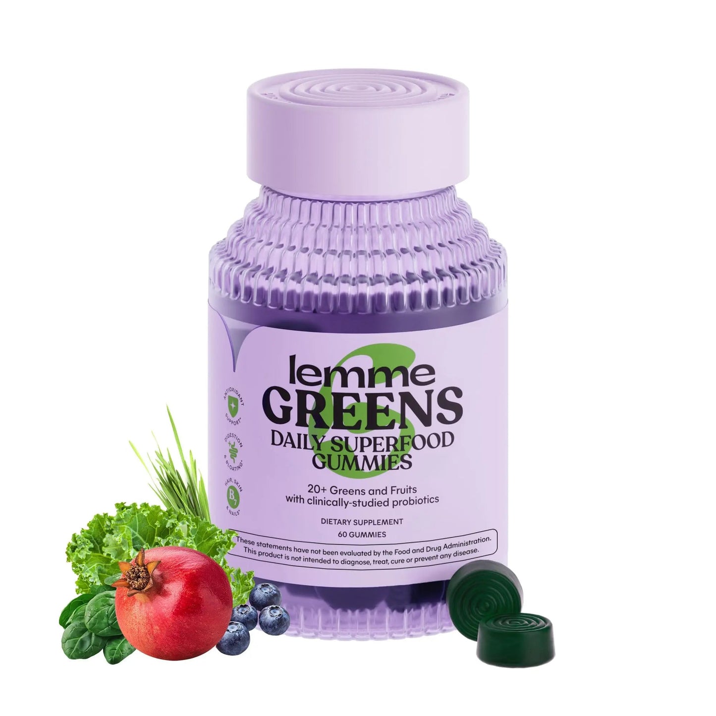 Lemme Greens Superfood Gummies w/Multi - Support Gut Health & Reduce Bloating, 20+ Organic Greens and Superfruits, Clinically Studied Probiotics, D3, B12 - Berries & Greens Flavored (60 Count) Lemme buy supplements Au