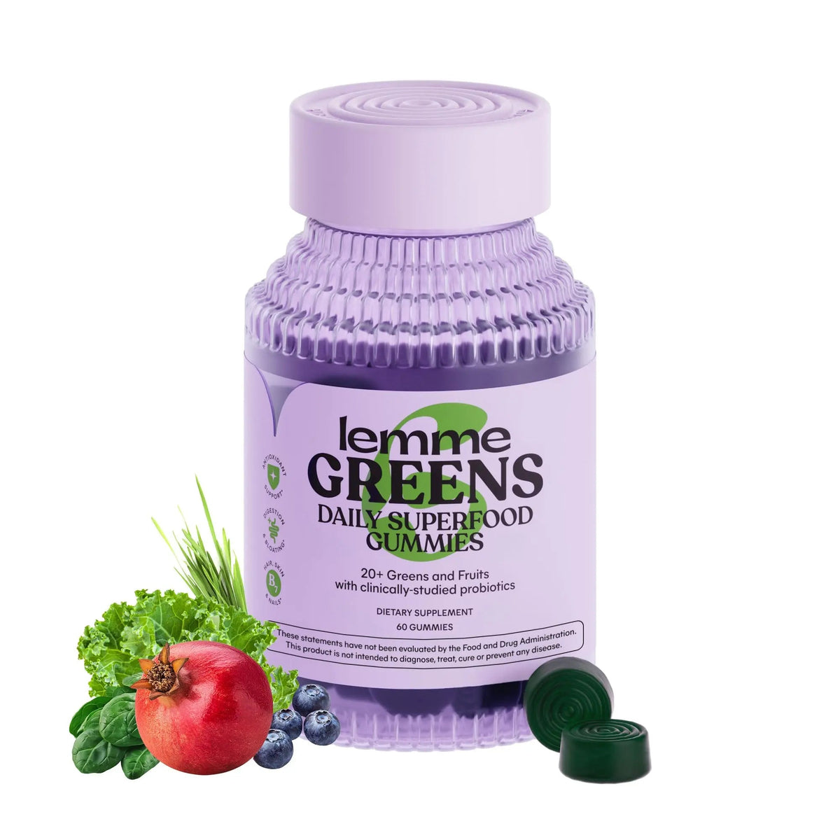 Lemme Greens Superfood Gummies w/Multi - Support Gut Health & Reduce Bloating, 20+ Organic Greens and Superfruits, Clinically Studied Probiotics, D3, B12 - Berries & Greens Flavored (60 Count) Lemme buy supplements Au
