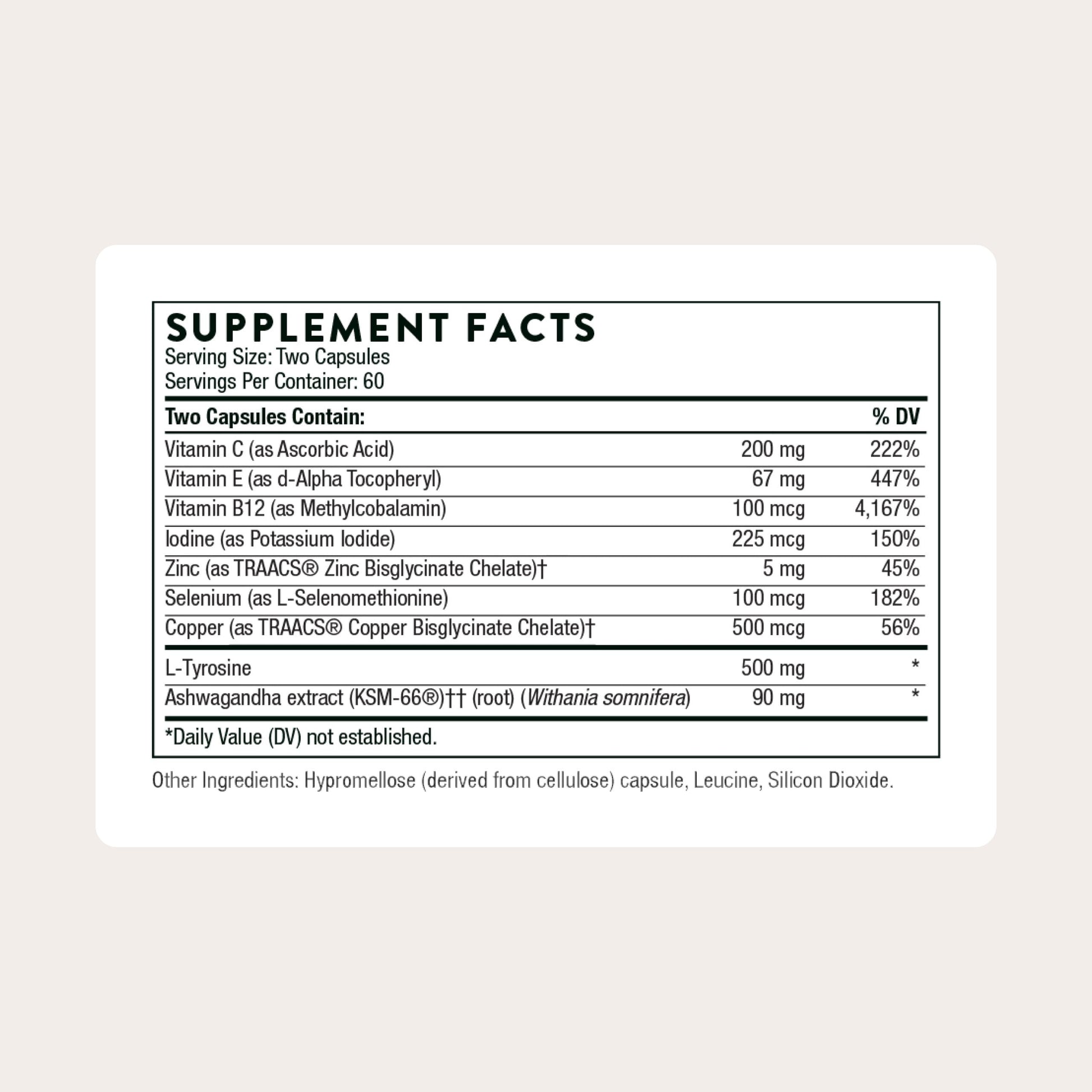 THORNE - Thyroid Health Complex (Formerly Thyrocsin) - Thyroid Cofactors for Thyroid Function Support* - Vitamins B12, C & E, Ashwagandha, Iodine, Zinc, Selenium, Copper & L-Tyrosine - 60 Servings THORNEBuy Supplements Australia