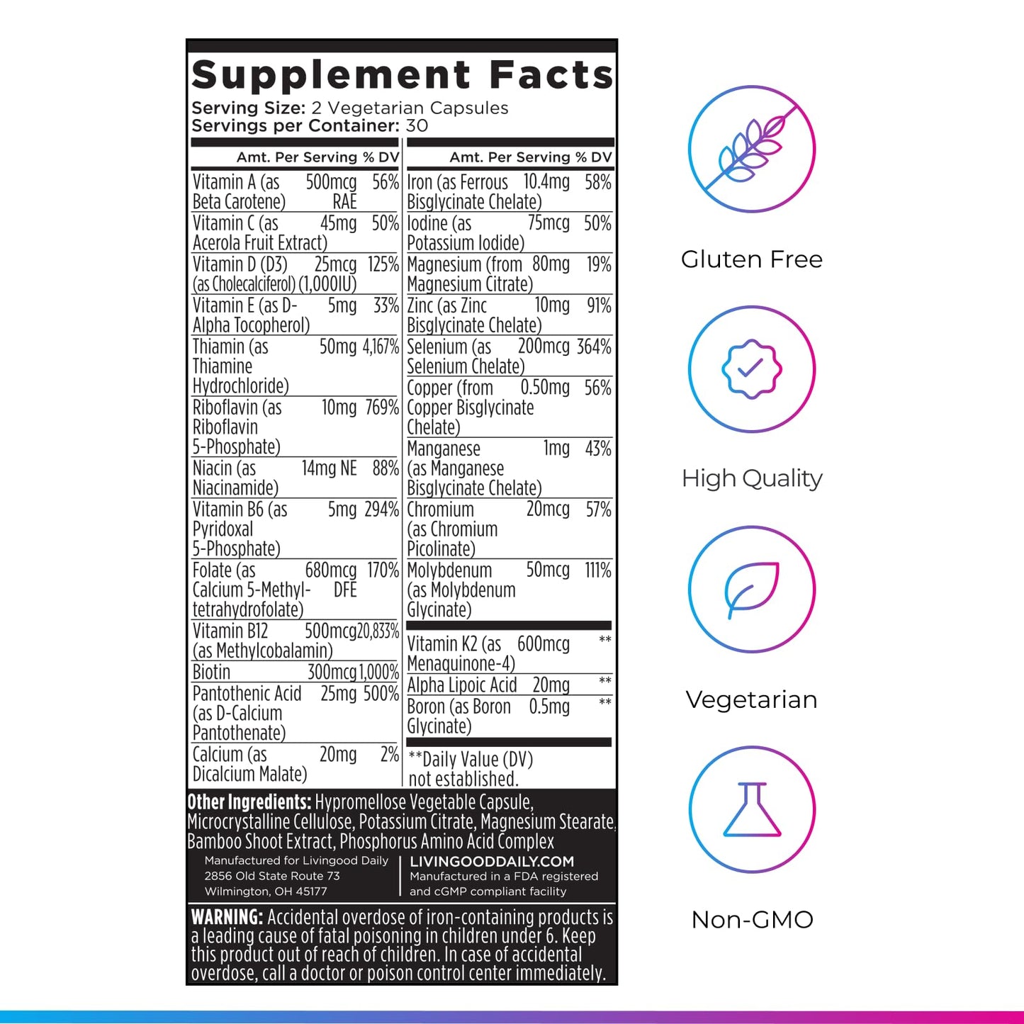 Livingood Daily Methylated Multivitamin for Women and Men, Multi Vitamin Supplement with Alpha Lipoic Acid, B Vitamins, Iron, Zinc and Selenium, Energy