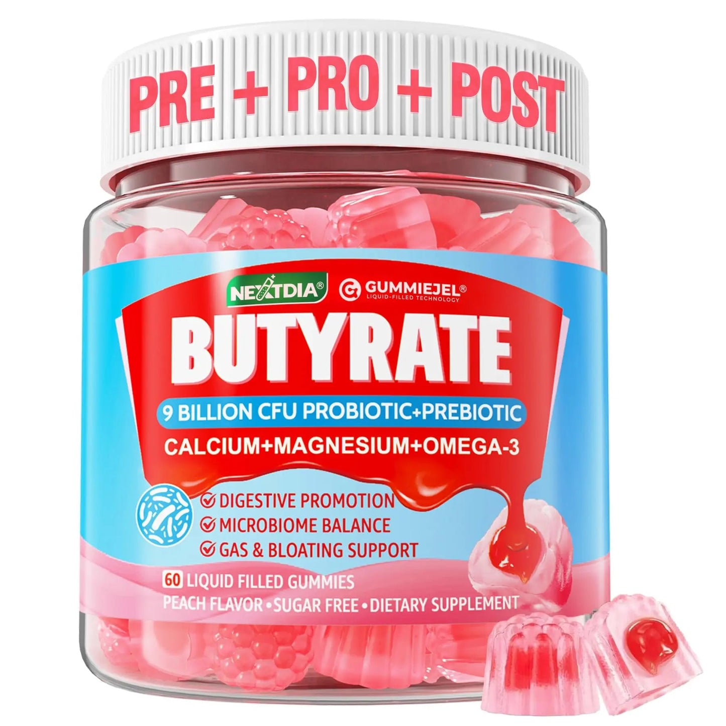 Butyrate Gummies with Probiotic + Prebiotic + Postbiotic, Omega-3 500mg,Fiber with 9 Billion CFU Probiotics, Calcium & Magnesium, Inulin,Psyllium Husk for Digestive Health,Bloating Support,Sugar Free NextdiaBuy Supplements Australia