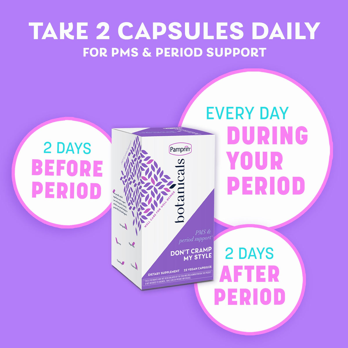 Pamprin Botanicals Supplement for PMS & Period Support, with Ashwagandha, Magnesium, Turmeric, Vitamin B6, Chasteberry, 22 Count PamprinBuy Supplements Australia