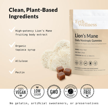 Erth Wellness Lion’s Mane Mushroom Gummies – 10,000mg Fruiting Body Extract per Serving – Brain & Focus Support – Daily Nootropic – Vegan, Low Sugar, Non-GMO – 60 Ct Erth WellnessBuy Supplements Australia