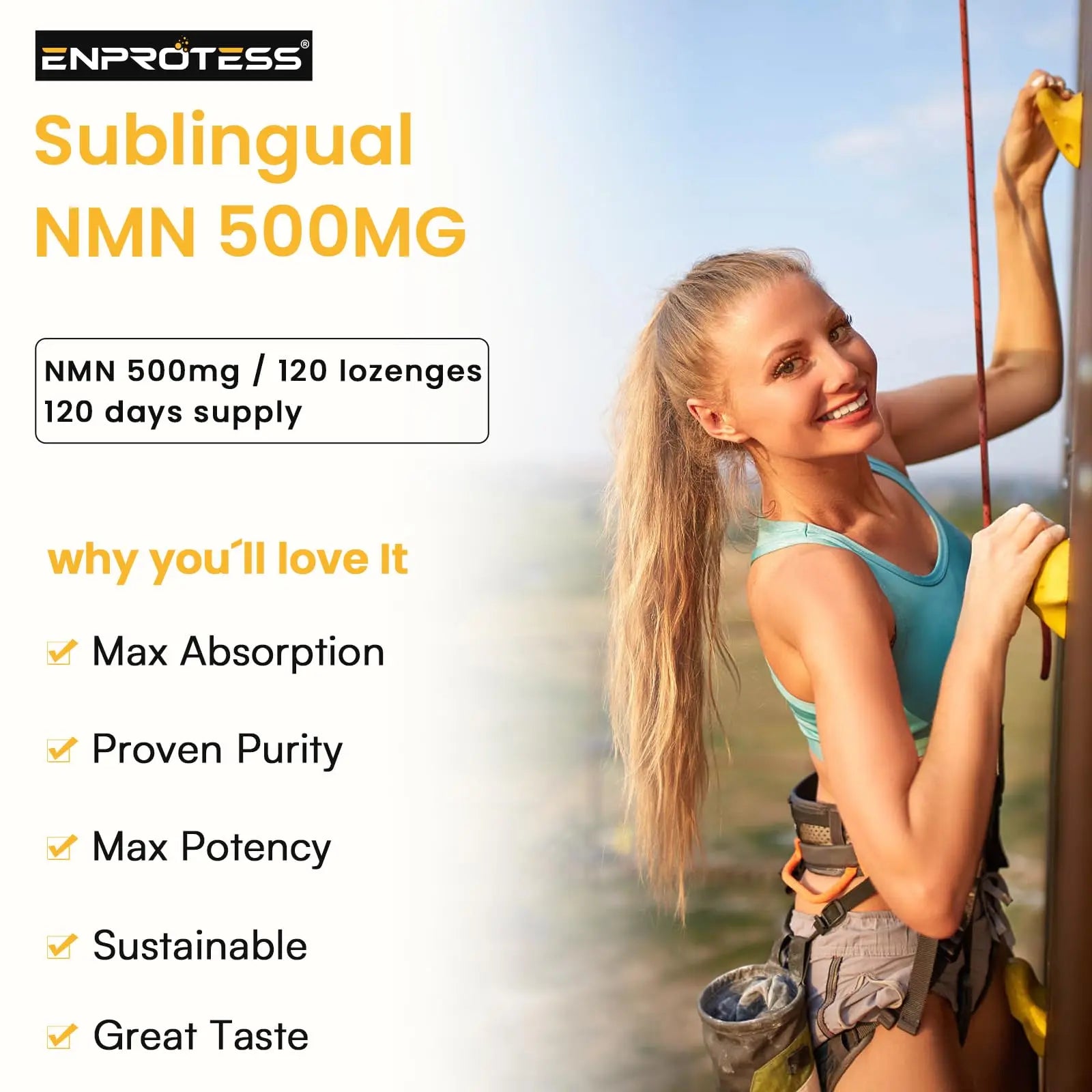 Sublingual NMN 500mg, Max Absorbency & Fast-Acting NMN Supplement（120-Day Supply）, 99% Pure NMN (Nicotinamide Mononucleotide) for NAD, Cell, Immune, Energy, Muscle, Anti-Aging, Longevity, 120 Lozenges EnprotessBuy Supplements Australia