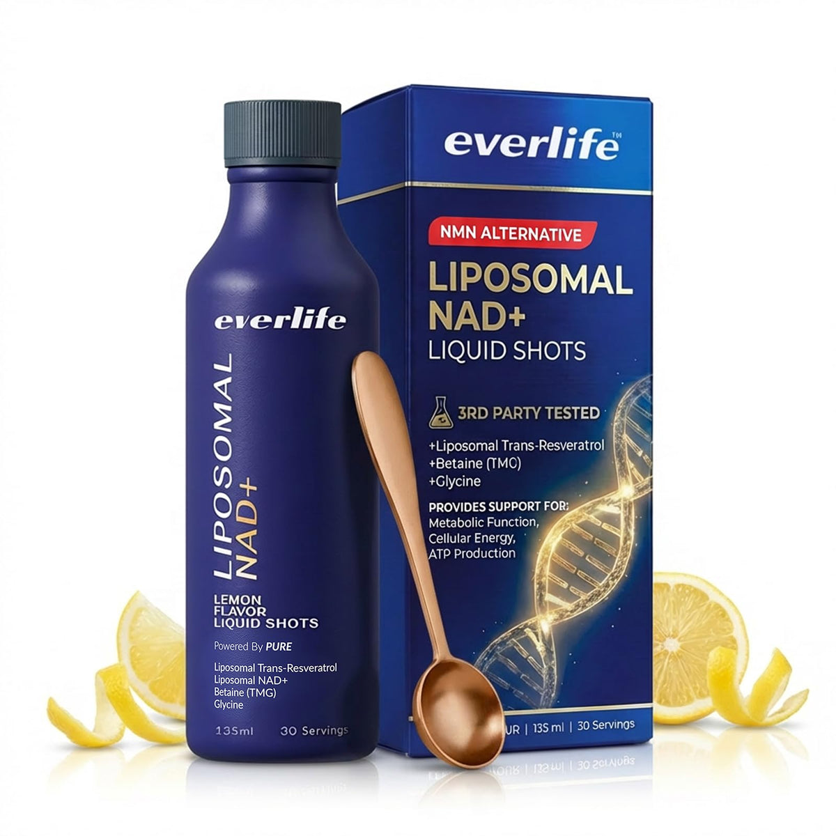 Everlife Liposomal NAD+ Liquid Shots with packaging and lemon slices on a white background