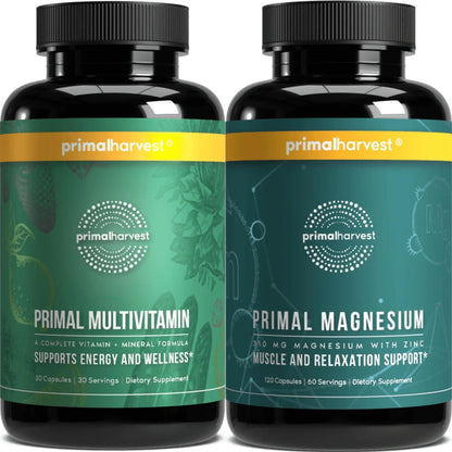 Primal Harvest Multivitamin & Magnesium Supplements for Women and Men Multi Vitamin Capsules and Magnesium Glycinate Pills Bundle Primal Harvest
