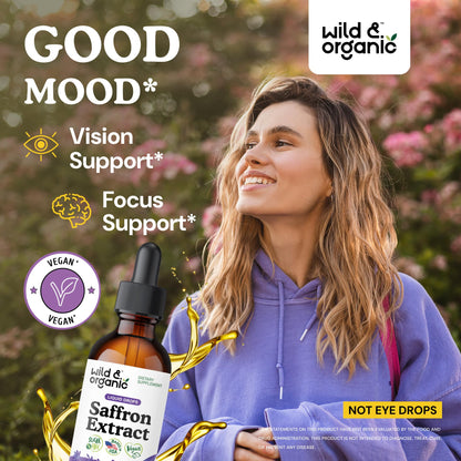 Wild & Organic Saffron Supplements 88.5 mg - Mood, Brain & Vision Support - Liquid Saffron Drops - Add to Tea - Crocus Sativus Herb Extract - Vegan, Sugar & Alcohol-Free Tincture - 2 fl oz Wild & Organic buy supplements Au