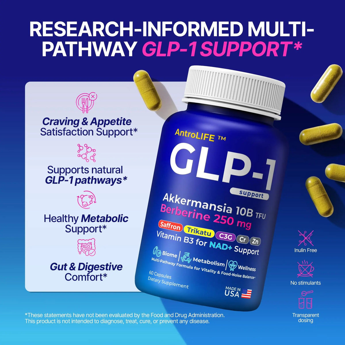 GLP-1 Support – Akkermansia Postbiotic 10B TFU + Berberine HCl 250 mg | 18-Ingredient System | Appetite, Mood & Metabolic Support | Inulin-Free | Saffron, NAD+ Cofactors | 3 Pack | 90-Day Supply ANTROLIFEBuy Supplements Australia