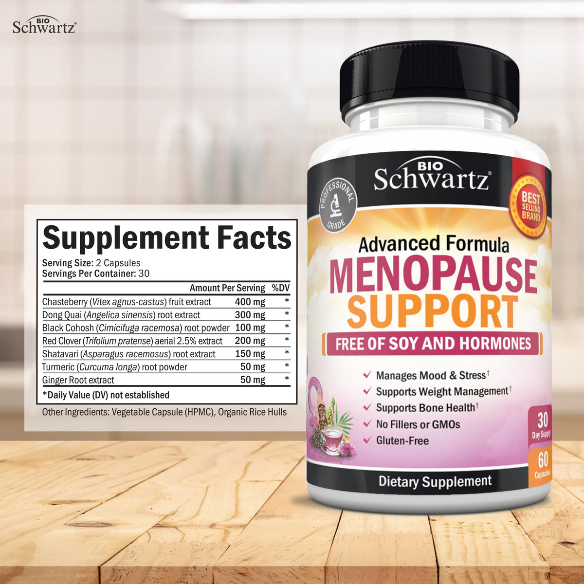 Herbal Menopause Support for Women - Supports Healthy Mood and Balance with Milk Thistle Chasteberry Black Cohosh Red Clover Turmeric Ginger - Menopause Supplements for Women - 60 Veggie Capsules BioSchwartzBuy Supplements Australia