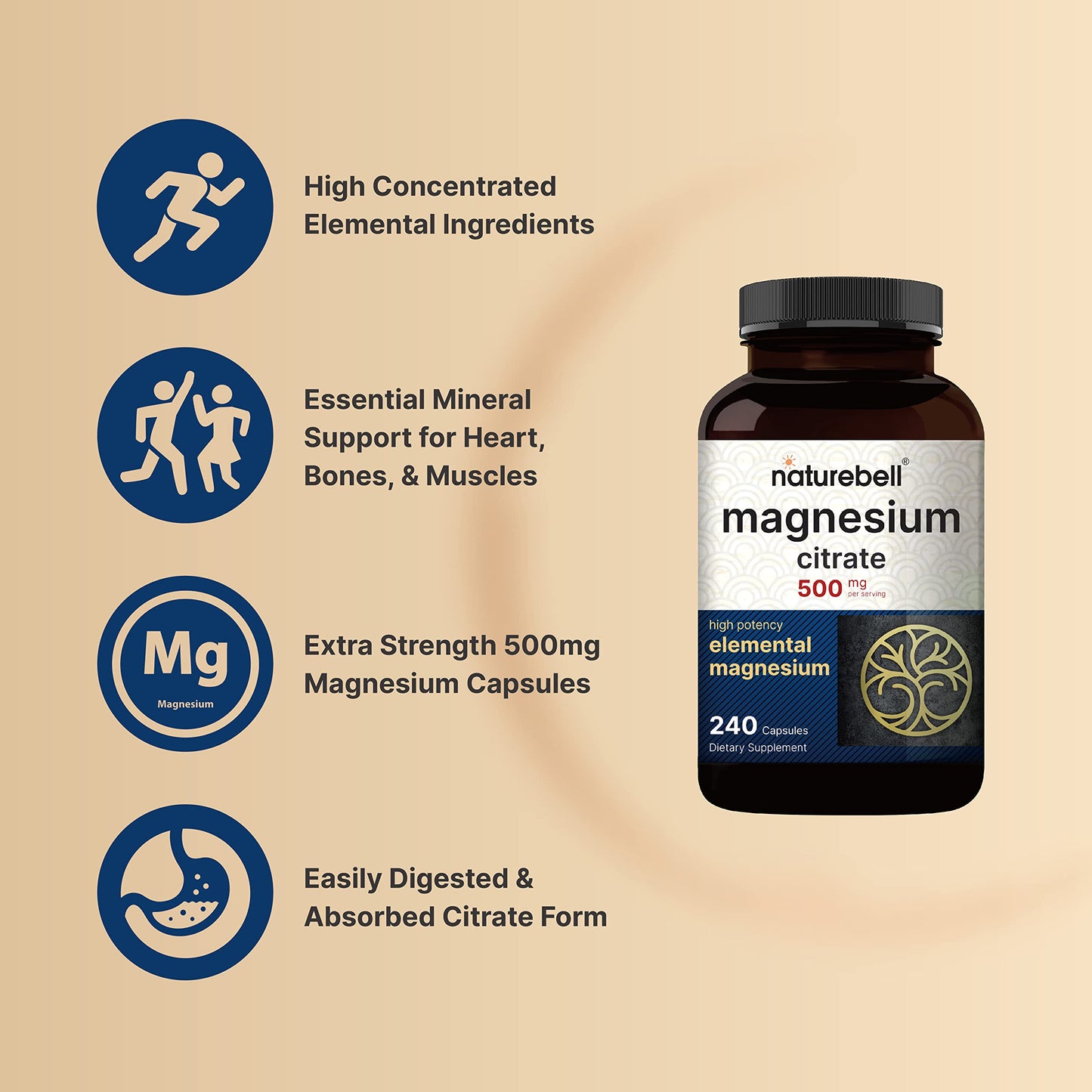 Magnesium Citrate 500mg, 240 Capsules (Citrato de Magnesio) | High Purity Elemental NatureBellBuy Supplements Australia