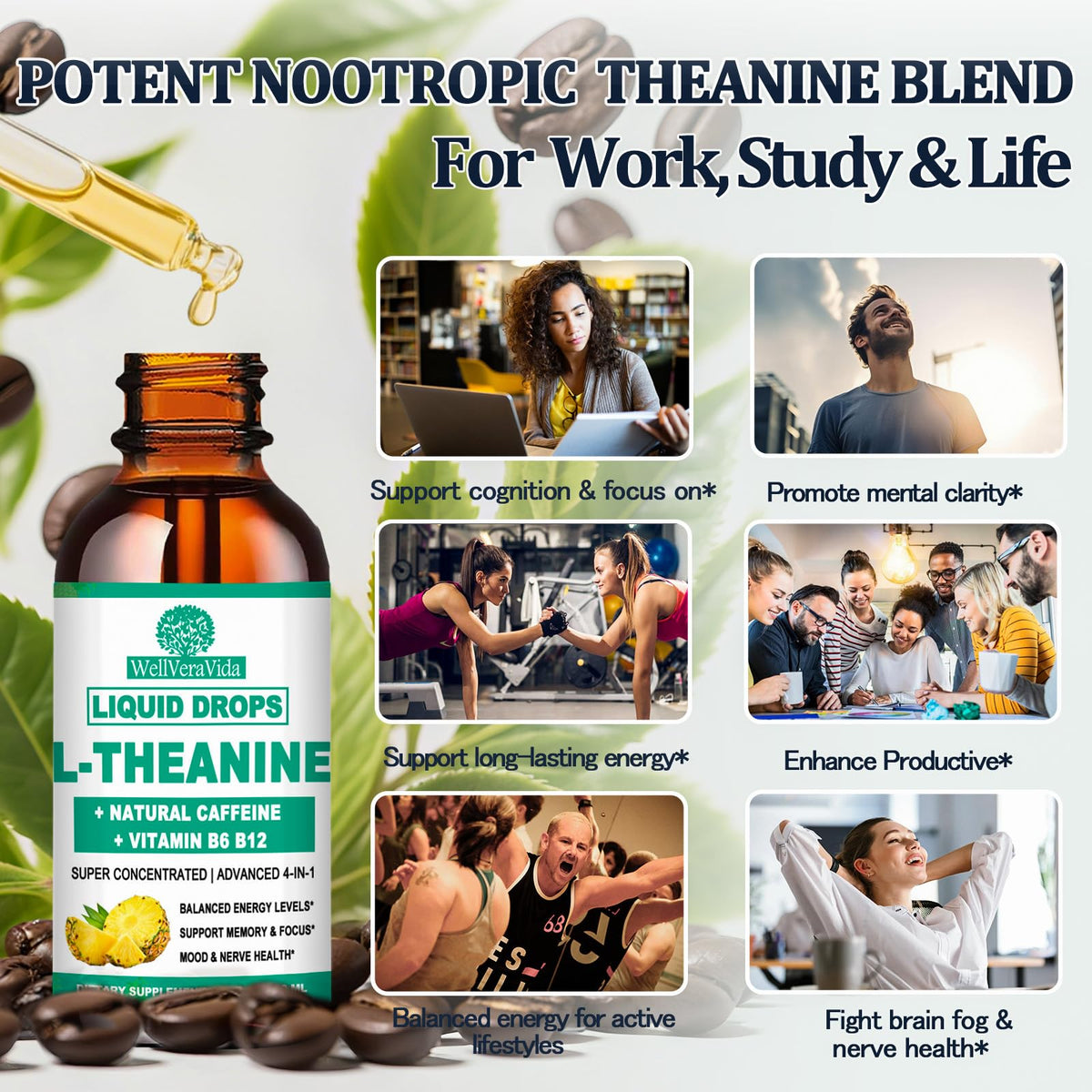 L Theanine Caffeine Liquid Drops, High Potency L-Theanine 100mg w. Caffeine Vitamin B12 B6, Natural Nootropic Brain for Smooth Energy Focus Alertness, 6X Stronger Than Pills Powder Gum WellVeraVidaBuy Supplements Australia