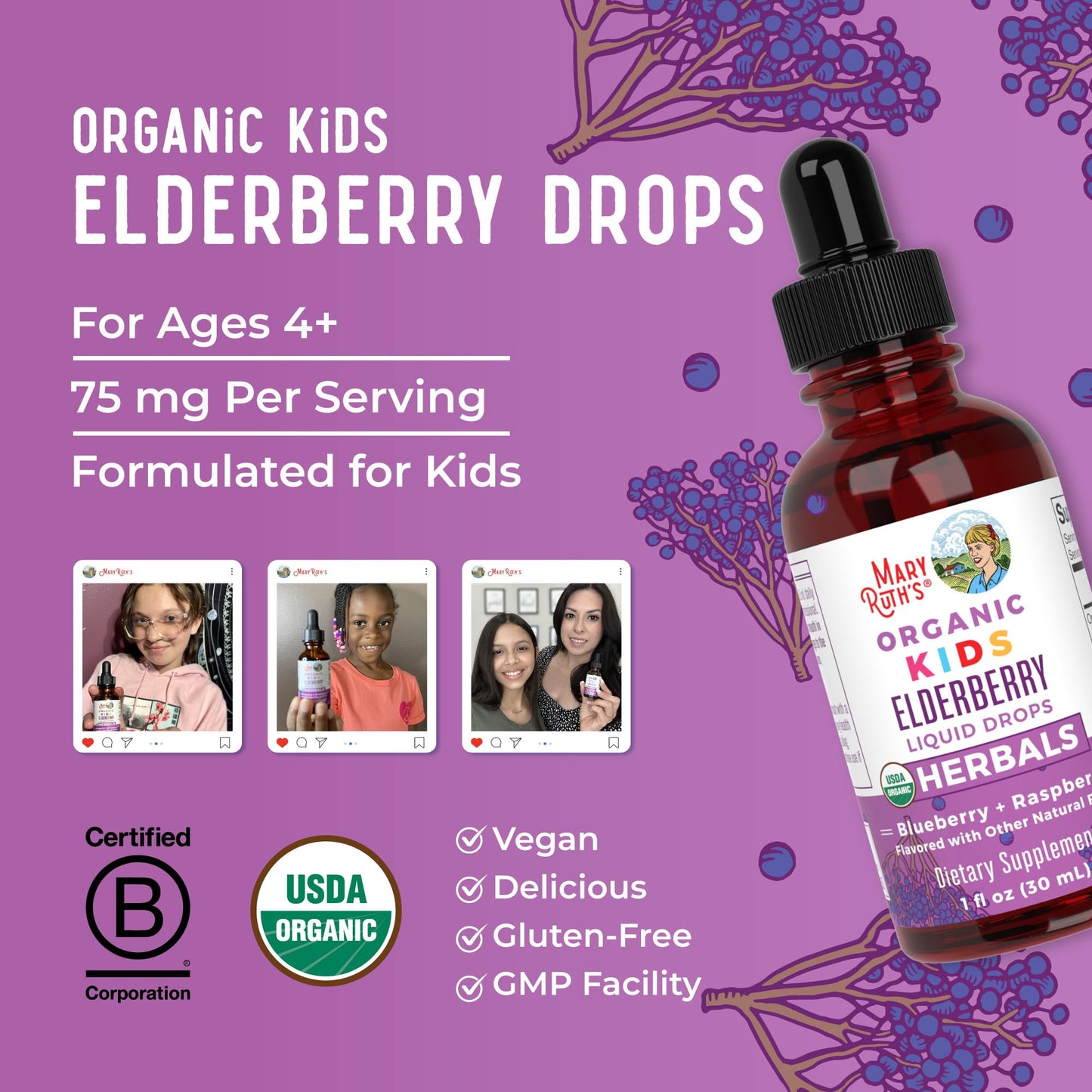 MaryRuth Organics USDA Organic Elderberry Liquid Drops for Kids | Vegan Elderberry Extract Organic Glycerin | Immune Support Supplement | Overall Health | Formulated for Ages 4-13 | 1oz MARYRUTH'SBuy Supplements Australia