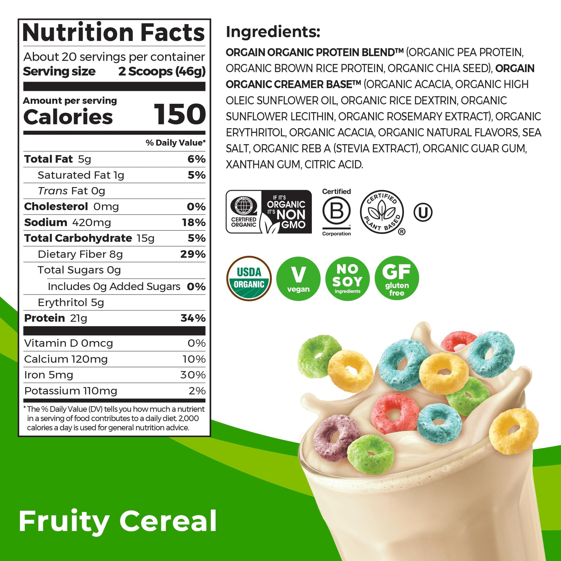 Orgain Organic Vegan Protein Powder, Fruity Cereal - 21g Plant Based Protein, Gluten Free OrgainBuy Supplements Australia