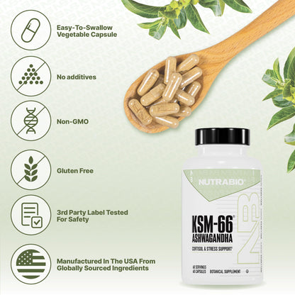 NutraBio Ashwagandha KSM-66 | Ashwagandha Herbal Supplement for Stress, Mood, & Performance | 600 MG of Clinically Studied KSM66 60 Capsules NutraBioBuy Supplements Australia