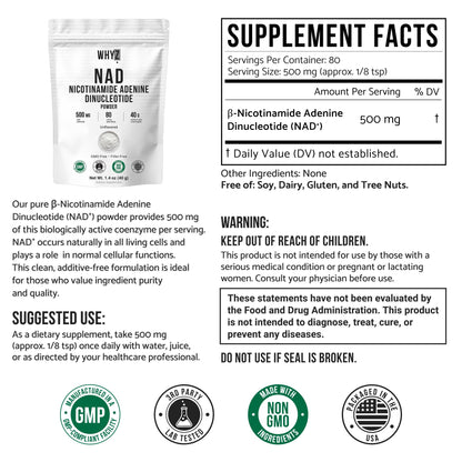 Pure NAD Powder Nicotinamide Adenine Dinucleotide Supplement Unflavored and Gluten-Free Premium Pure NAD Powder for Daily Wellness and Nutrition Support, 40g WHYZBuy Supplements Australia