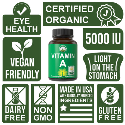 Certified Organic Vitamin A 5000 IU Supplement Capsules High Potency Vitamins. for Adults, Men, Women, Kids. Made with Carrot Juice. Great for Immune, Skin, Eye Support. Non GMO, Vegan Pills Peak PerformanceBuy Supplements Australia