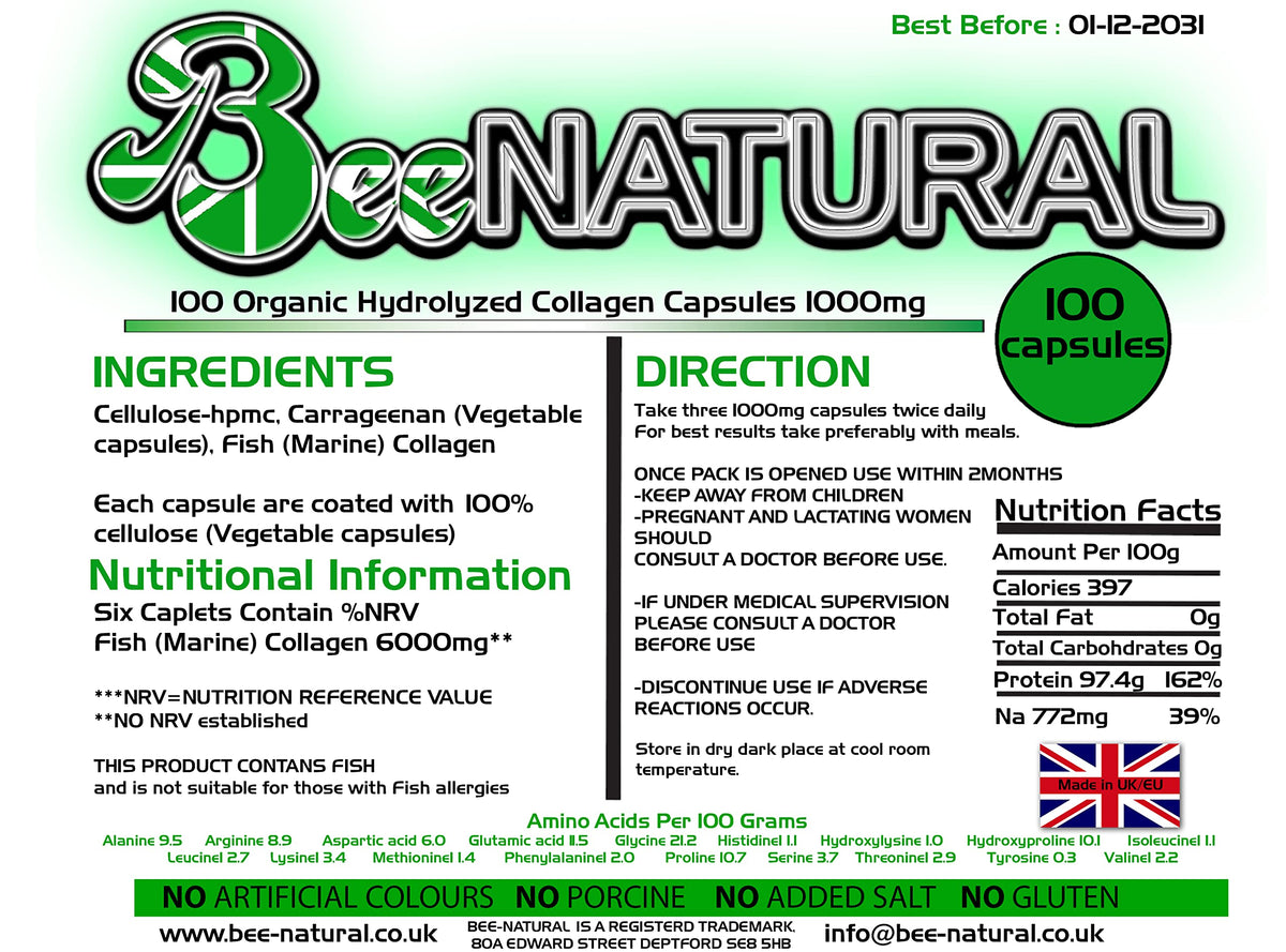 100 Hydrolyzed Collagen Capsules 1000mg Bee-natural Bee-naturalBuy Supplements Australia