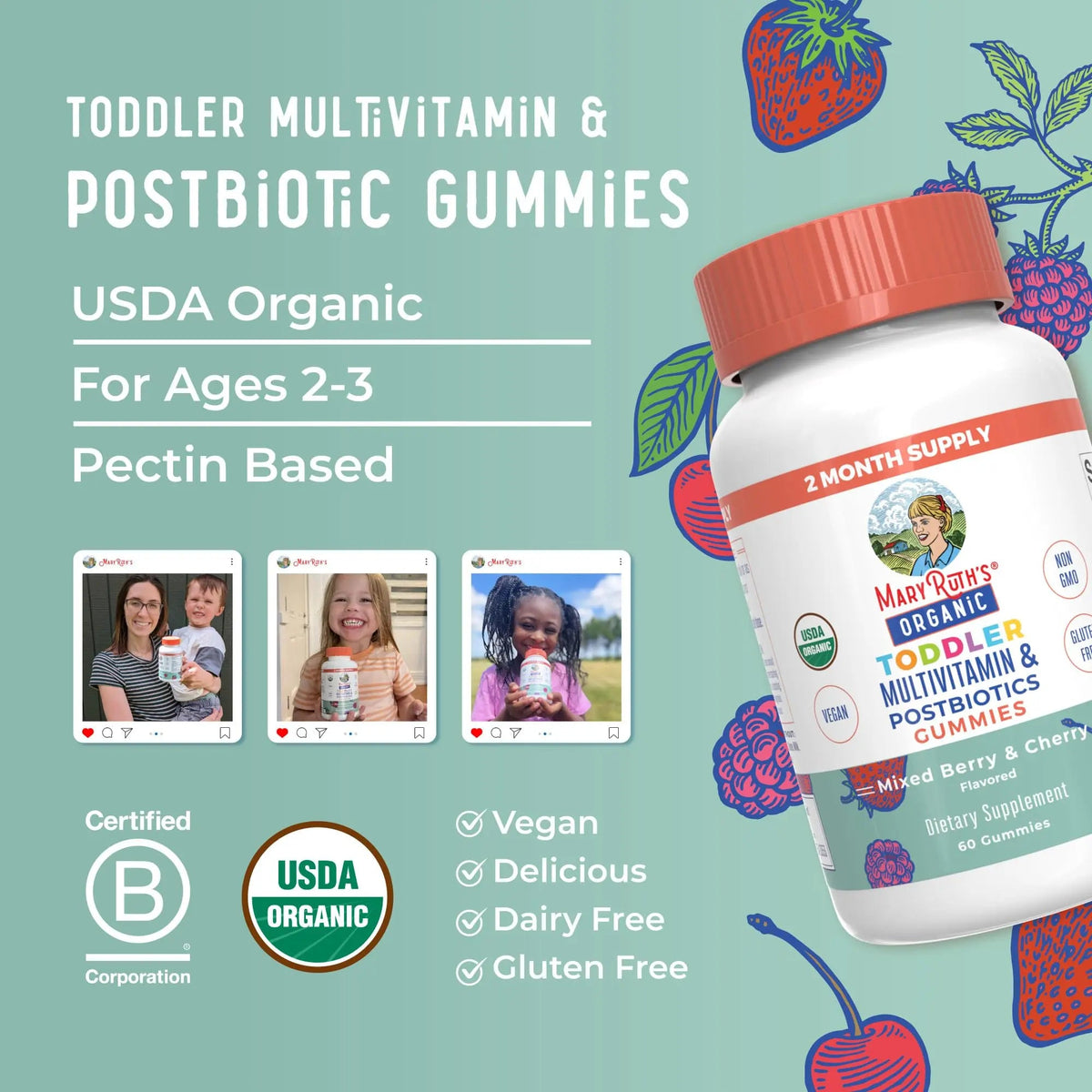 MaryRuth Organics Toddler Multivitamin Gummies + Postbiotics | USDA Organic | Vitamins for Kids Ages 2+ | Immune Support | Vitamin C | Vitamin D3 | Vitamin A | Zinc | Vegan | Non-GMO | 60 Servings MARYRUTH'SBuy Supplements Australia