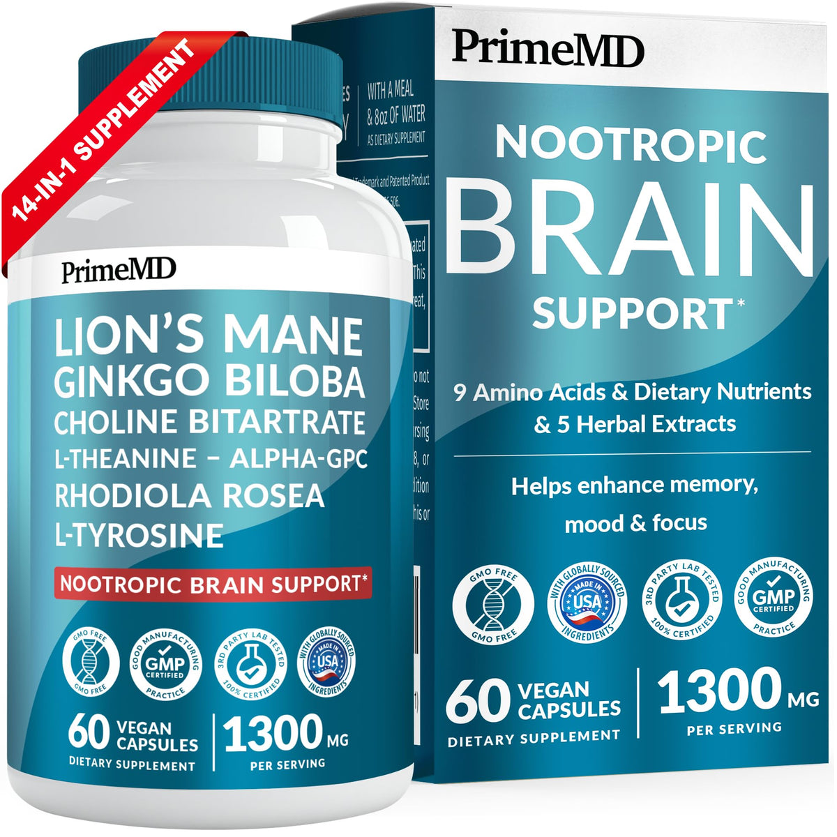 14-in-1 Lions Mane Supplement Capsules - Nootropic Brain Supplement with Ginkgo Biloba for Brain Support, Memory and Focus - Alpha GPC, L Theanine & Choline Supplements with 1300mg Per Serving (60 ct) PrimeMDBuy Supplements Australia