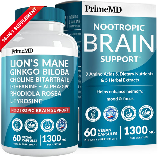 14-in-1 Lions Mane Supplement Capsules - Nootropic Brain Supplement with Ginkgo Biloba for Brain Support, Memory and Focus - Alpha GPC, L Theanine & Choline Supplements with 1300mg Per Serving (60 ct) PrimeMDBuy Supplements Australia