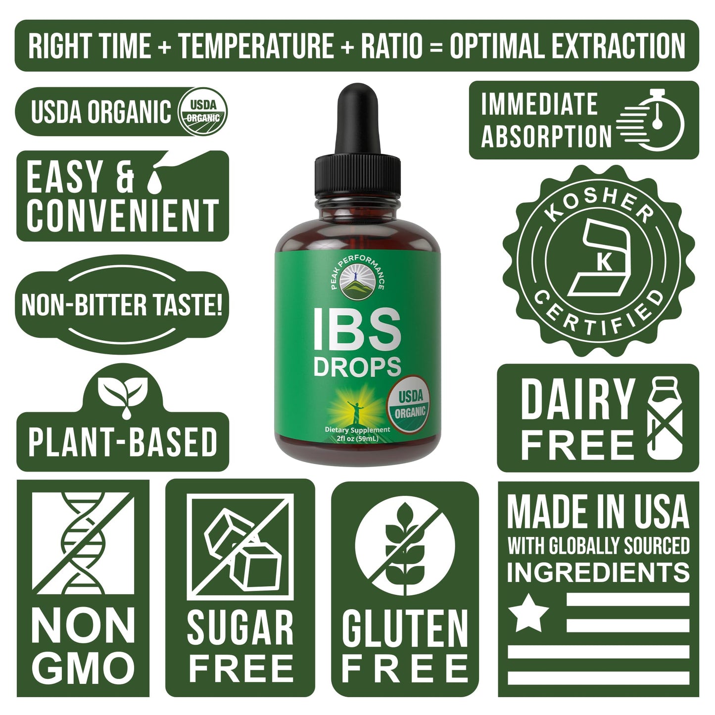 USDA Organic IBS Relief 5-in-1 Liquid Drops. for Ingestion, Bloating, Gas. Irritable Bowel Supplement with 5 Organic Ingredients. Peppermint Oil, Fennel Seed, Chamomile Flower, Rosemary, Holy Basil Peak PerformanceBuy Supplements Australia
