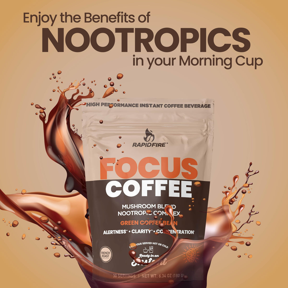 Focus Coffee Mushroom Blend, Nootropic Complex Coffee, Supports Alertness and Clarity, (Lion’s Mane, Cordyceps, Turkey Tail) Green Coffee Bean Instant Coffee for Focus & Gut Health, 30 Servings Rapid FireBuy Supplements Australia