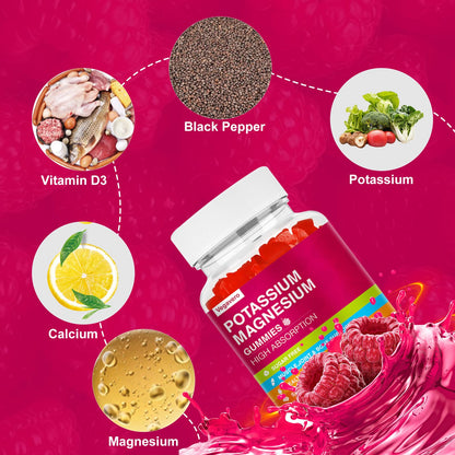 Potassium Magnesium Gummies - High Absorption Magnesium Glycinate & Potassium Citrate Plus Coenzyme Q10, DHA, D3, Mineral & Calcium for Zzz, Leg Cramps & Muscle - 60 Raspberry Gummies VegaveroBuy Supplements Australia
