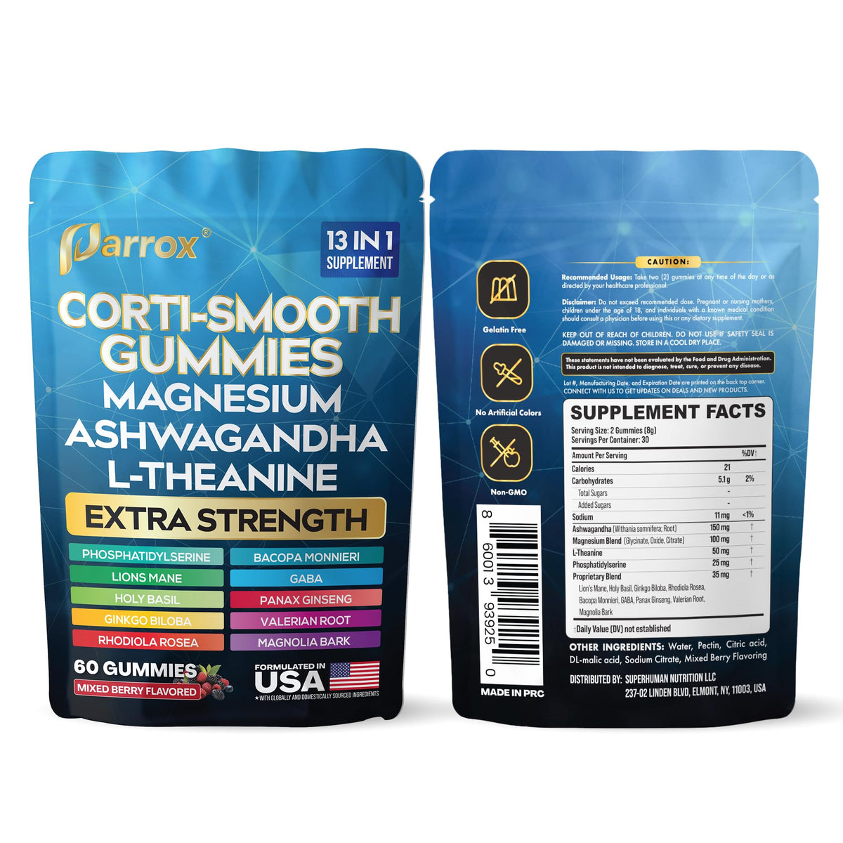 Parrox Corti-Smooth Cortisol Support Gummies with Magnesium, L-Theanine, Ashwagandha, Phosphatidylserine, Bacopa Monnieri, Lions Mane, Ginkgo Biloba, Valerian Root (60 Gummies - Mixed Berry Flavor) ParroxBuy Supplements Australia