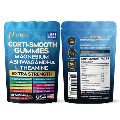 Parrox Corti-Smooth Cortisol Support Gummies with Magnesium, L-Theanine, Ashwagandha, Phosphatidylserine, Bacopa Monnieri, Lions Mane, Ginkgo Biloba, Valerian Root (60 Gummies - Mixed Berry Flavor) ParroxBuy Supplements Australia