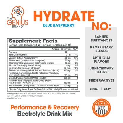 The Genius Brand - Genius Hydrate Stick Pack Powder Drink Mix – Blue Raspberry Flavor, Natural Electrolyte Booster with Coconut Water & Potassium for Ultimate Hydration - 20 Packets The Genius BrandBuy Supplements Australia