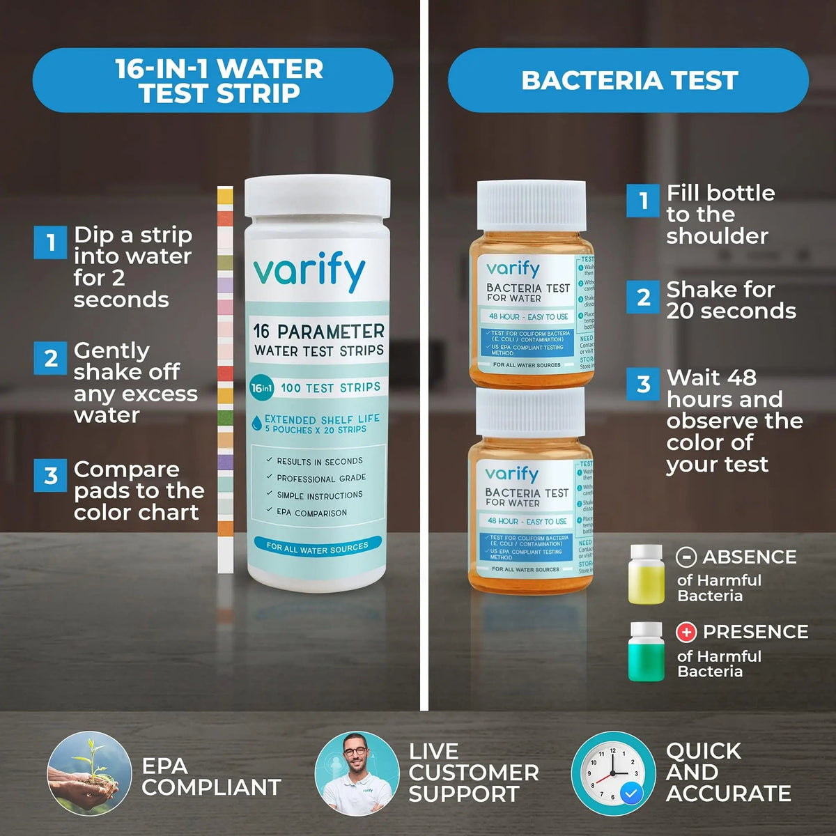Varify 17in1 Complete Drinking Water Test Kit - 100 Strips + 2 Bacteria Tester Kits - Well, Tap, Home, City Water Testing Strip for Lead, Alkaline, Chlorine, Hardness, Iron, Fluoride, Copper & More VARIFYBuy Supplements Australia
