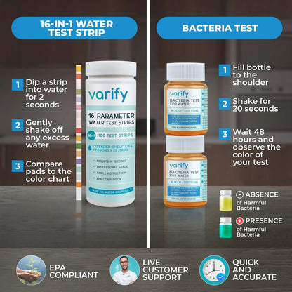 Varify 17in1 Complete Drinking Water Test Kit - 100 Strips + 2 Bacteria Tester Kits - Well, Tap, Home, City Water Testing Strip for Lead, Alkaline, Chlorine, Hardness, Iron, Fluoride, Copper & More VARIFYBuy Supplements Australia