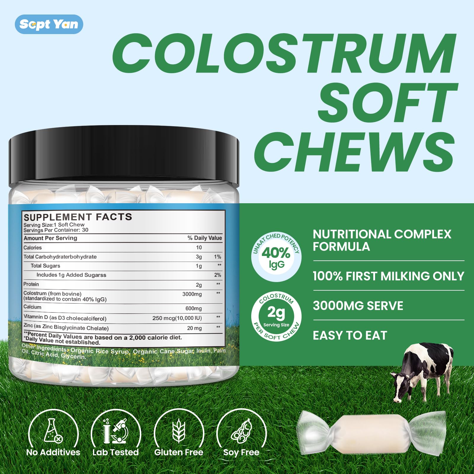 Colostrum Soft Chew Supplement (3000mg + 40% IgG), Concentrated Bovine Colostrum SEPT YANBuy Supplements Australia