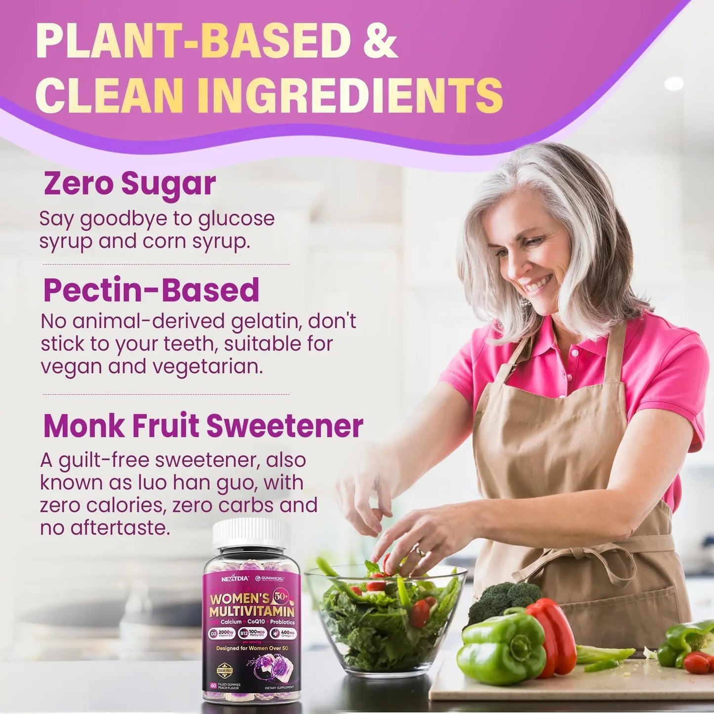 Multivitamin for Women 50 Plus Gummies, Vegan Omega 3, Methylfolate, Calcium, D3 K2, CoQ10, Daily Vitamin A C E, Methylated B12, Biotin, B Complex Nextdia