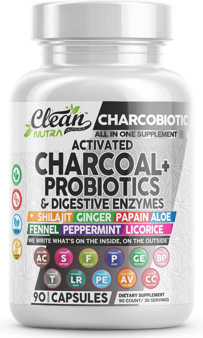 Clean Nutra Activated Charcoal Pills + Shilajit Probiotic Digestive Enzymes for Digestive Health Capsules with Peppermint Fennel Licorice Papain Ginger Turmeric Powder | Gut Health Clean Nutraceuticals buy supplements Au